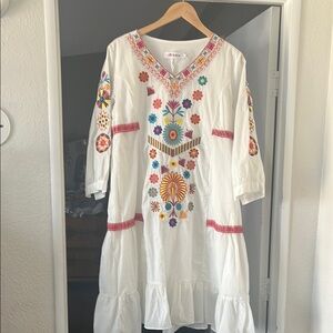 Embroidered White Dress lined with Multicolor Floral Design like new